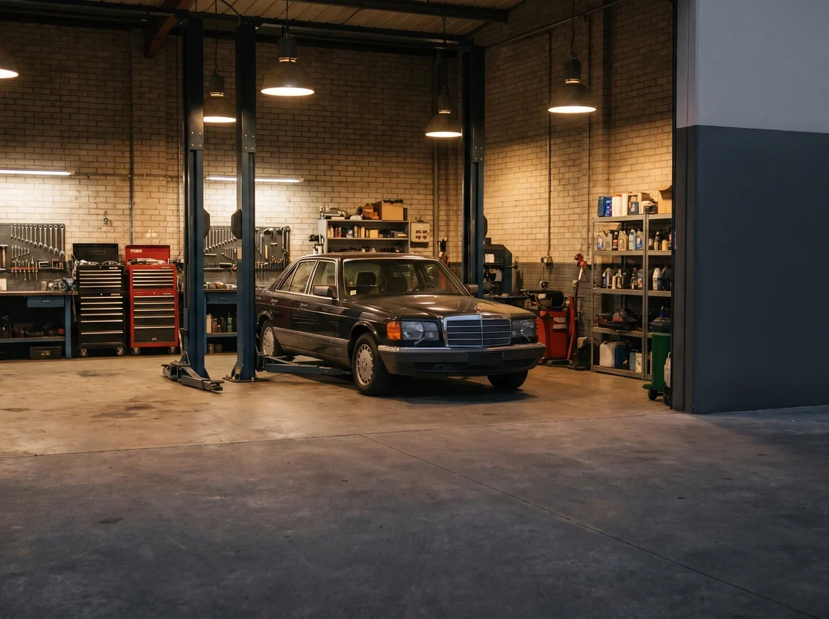Organized auto repair service bay with a vehicle on a lift